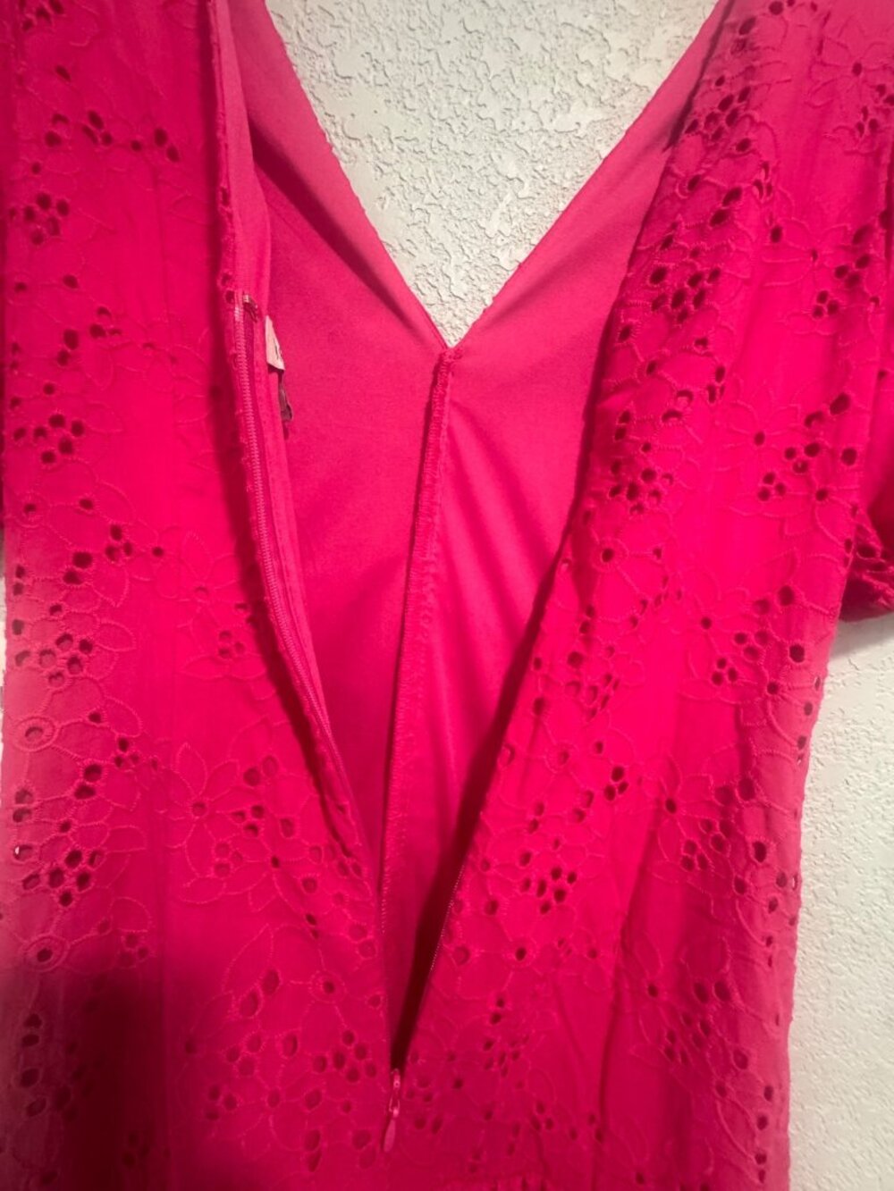 Pink Eyelet Tiered Midi Dress With Puff Sleeves V-Neck And Back Zip Closure - Si - Picture 5 of 9